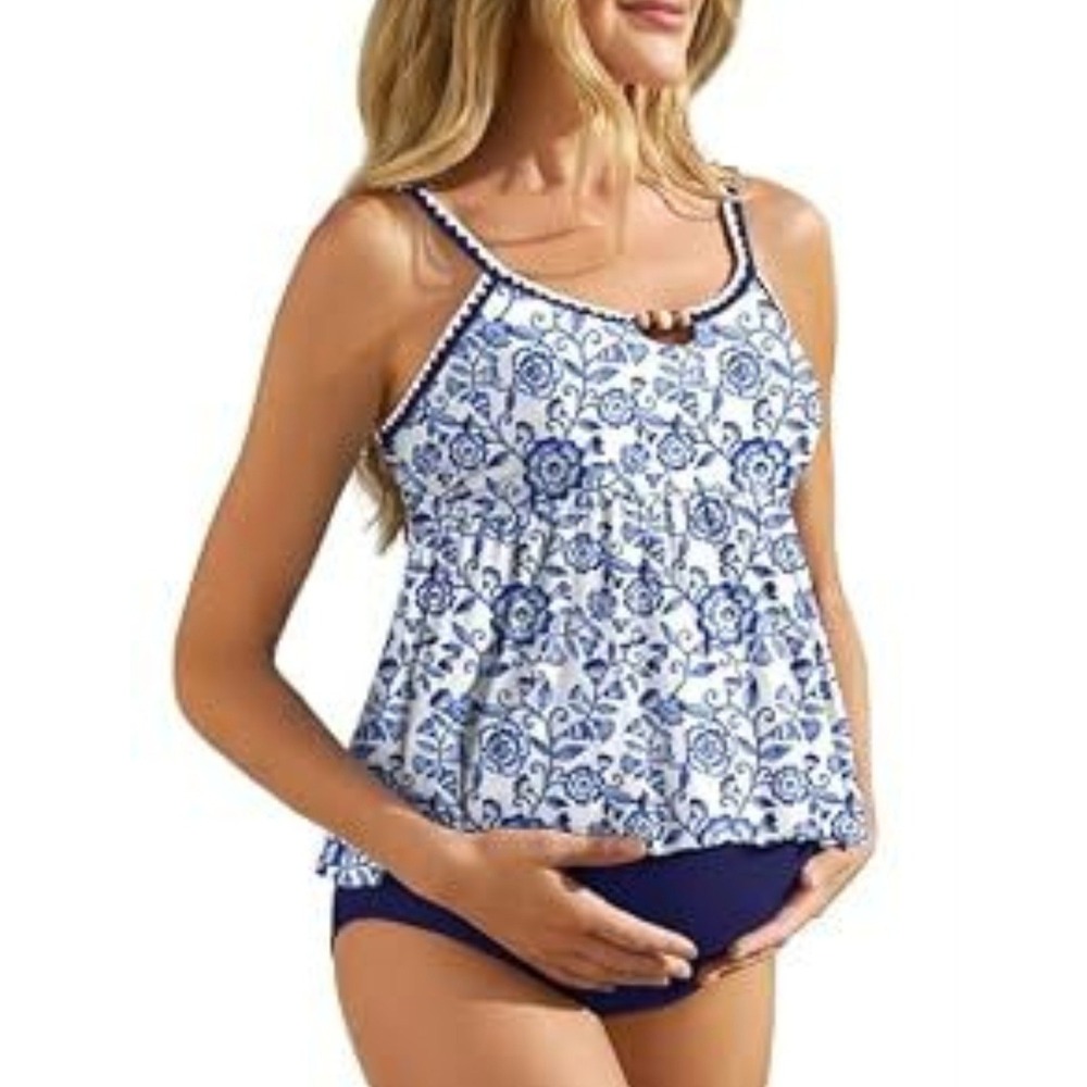 Summer Mae NWT women's Maturnity 2 piece blue/white Flowy swimsuit size 10
